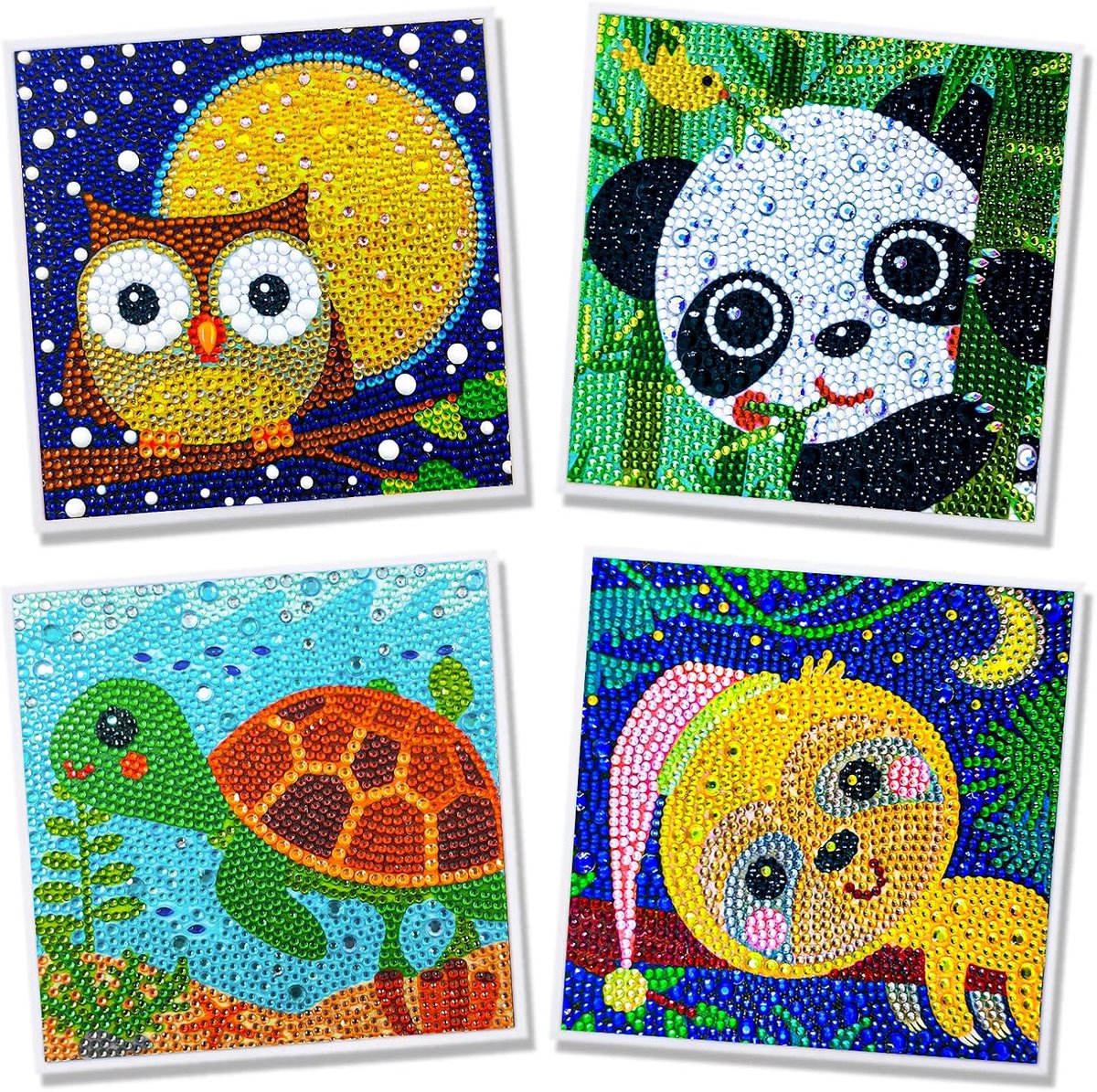 Set van 4 afbeeldingen voor kinderen, dieren, doe-het-zelf, 5D diamond painting, full drill set met accessoires, kristallen strass, borduurwerk, schilderij, kunsthandwerk voor thuis