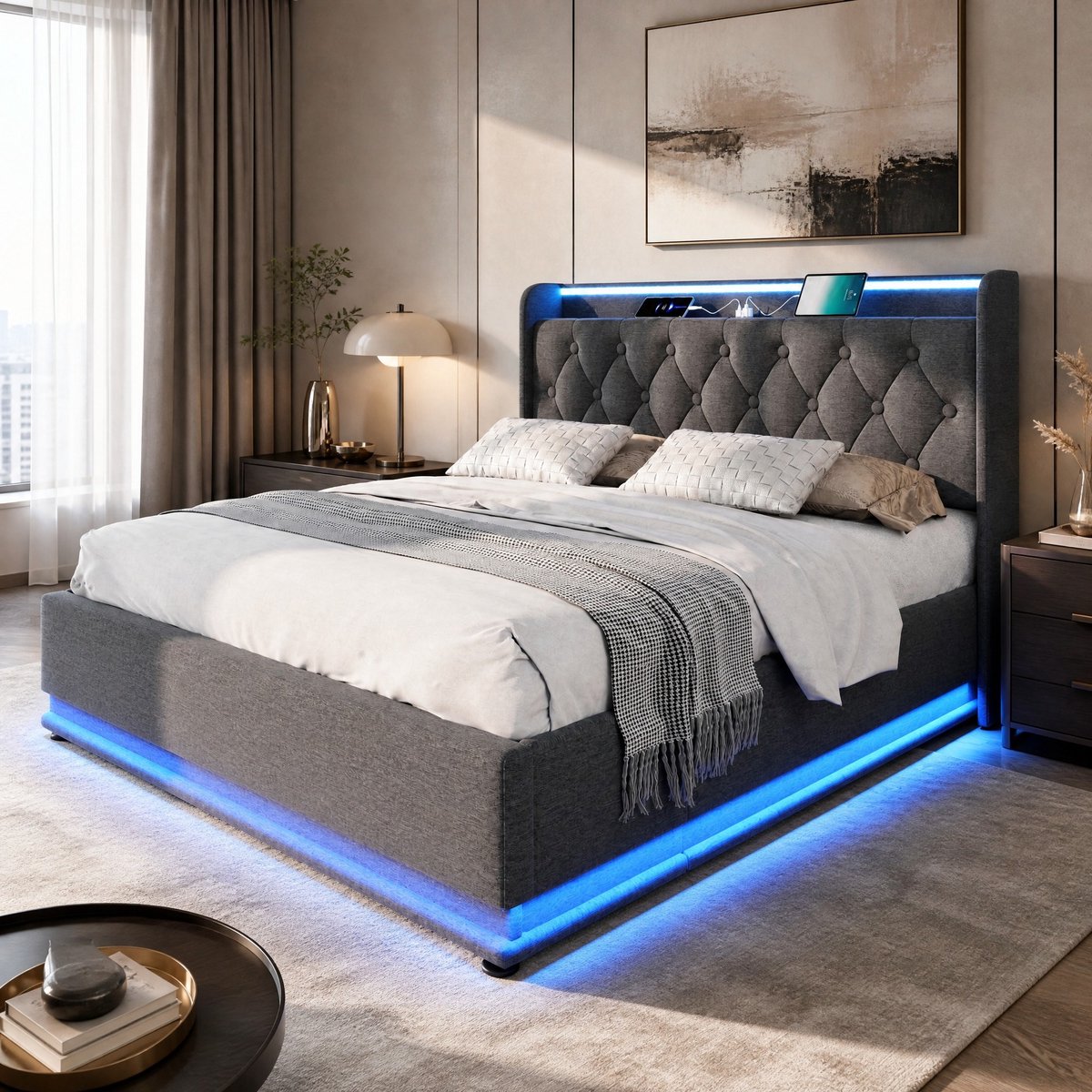 MODENUIT Bed – 180 x 200 cm – Hydraulische Opbergruimte en Ledverlichting – Linnen en Metaal – Grijs – Met Lattenbodem