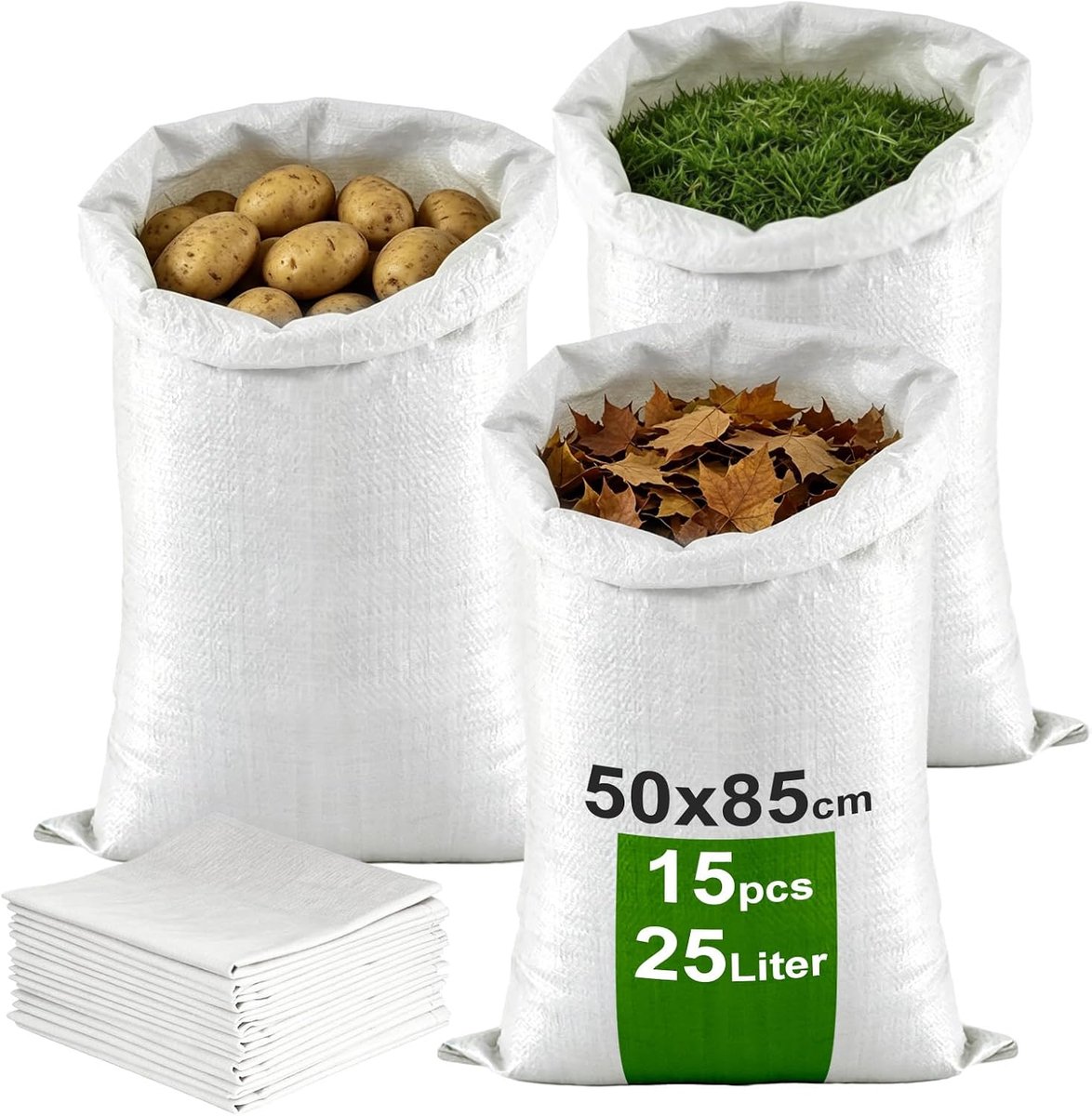 15 stuks 50x85cm geweven zak bouwpuinzakken 25kg graanzakken van polypropyleen, witte PP-geweven zakken, zware-ladingzakken, scheurvaste transportzak voor zand, vuil, tuin, bouw en bladeren