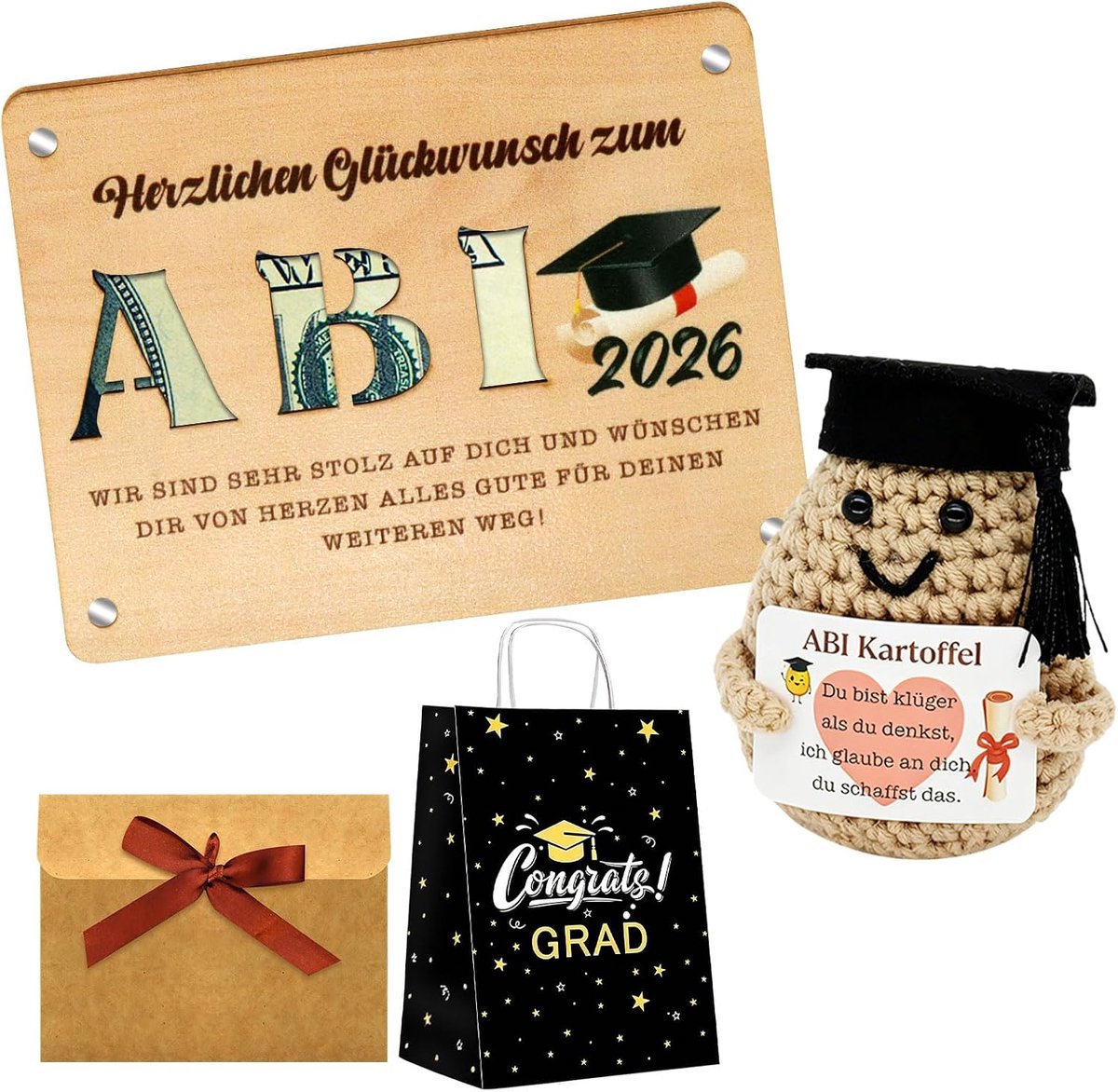2026: Houten cadeau- en aanmoedigingszakje, inclusief envelop en cadeautasje, gefeliciteerd met je afstuderen in 2026, geslaagd examencadeau voor meisjes en jongens