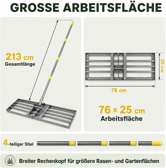 Egaliseerhark 76 x 25 cm met 213 cm Steel, Gazon Nivelleer Gereedschap voor Grond en Gras, Geschikt voor Zand, Aarde en Topdressing, Stevig en Duurzaam Tuingereedschap — afbeelding 2