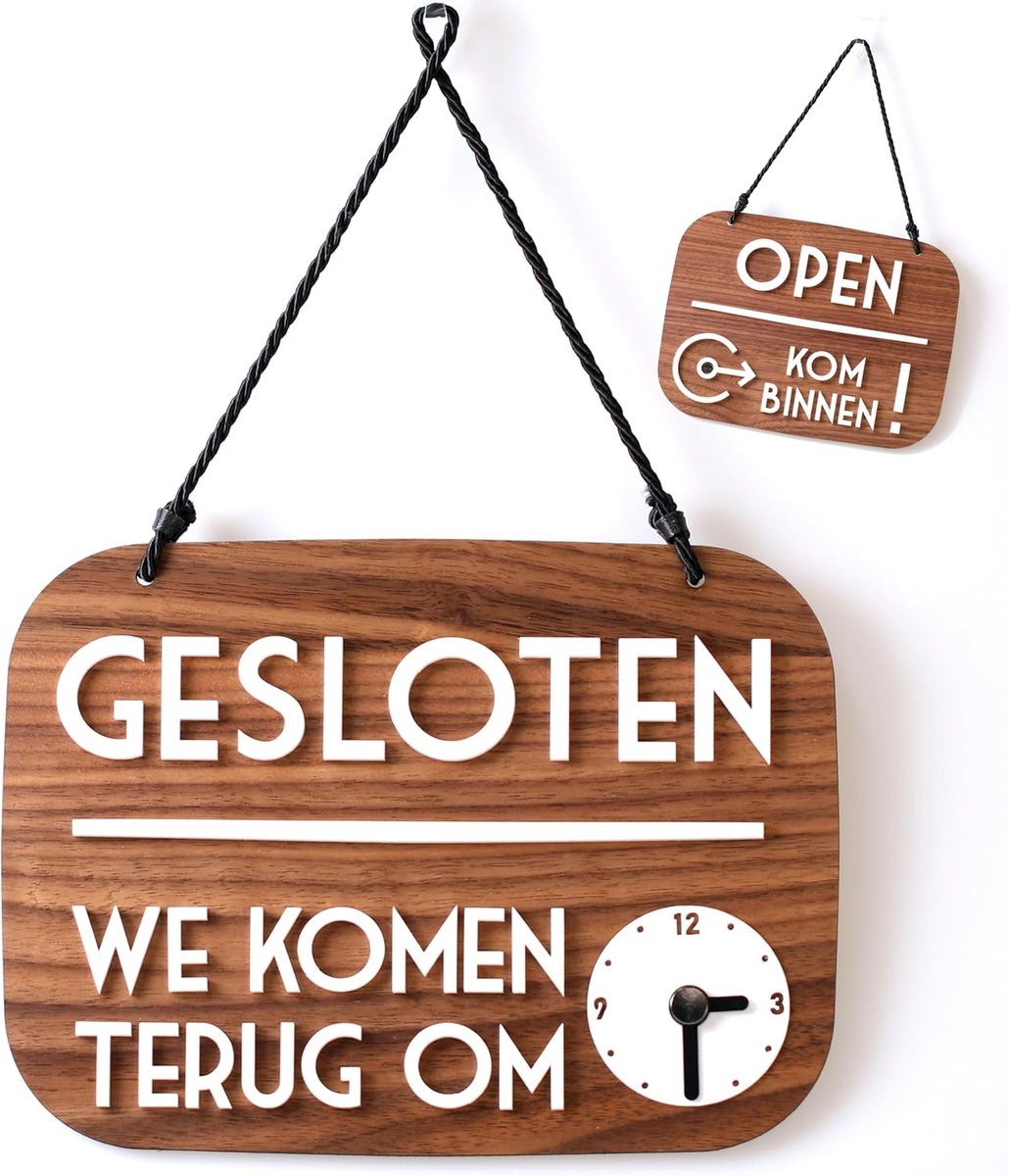 Gesloten Ik ben zo terug bord met zuignap, Vintage Retro - Winkeluren aanpasbaar met wijzers op de wijzerplaat