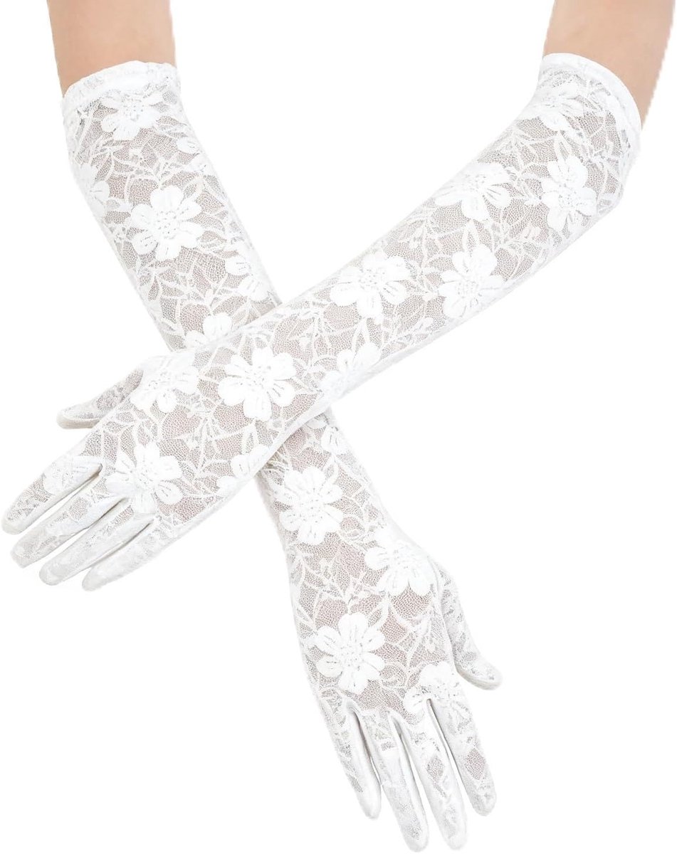 Handschoenen voor dames, ellebooglange operahandschoenen met bloemenkant, rekbaar voor bruiloft, vintage feestje, dans en verkleedkostuums