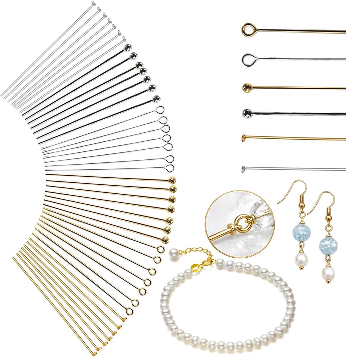 1200 stuks doe-het-zelf accessoireset, 5 cm, goud en zilver, klinkstiften, kettingstiften, kogelkoppennen, geschikt voor oorbellen, knutselen, hangers, armbanden, halskettingen, doe-het-zelf
