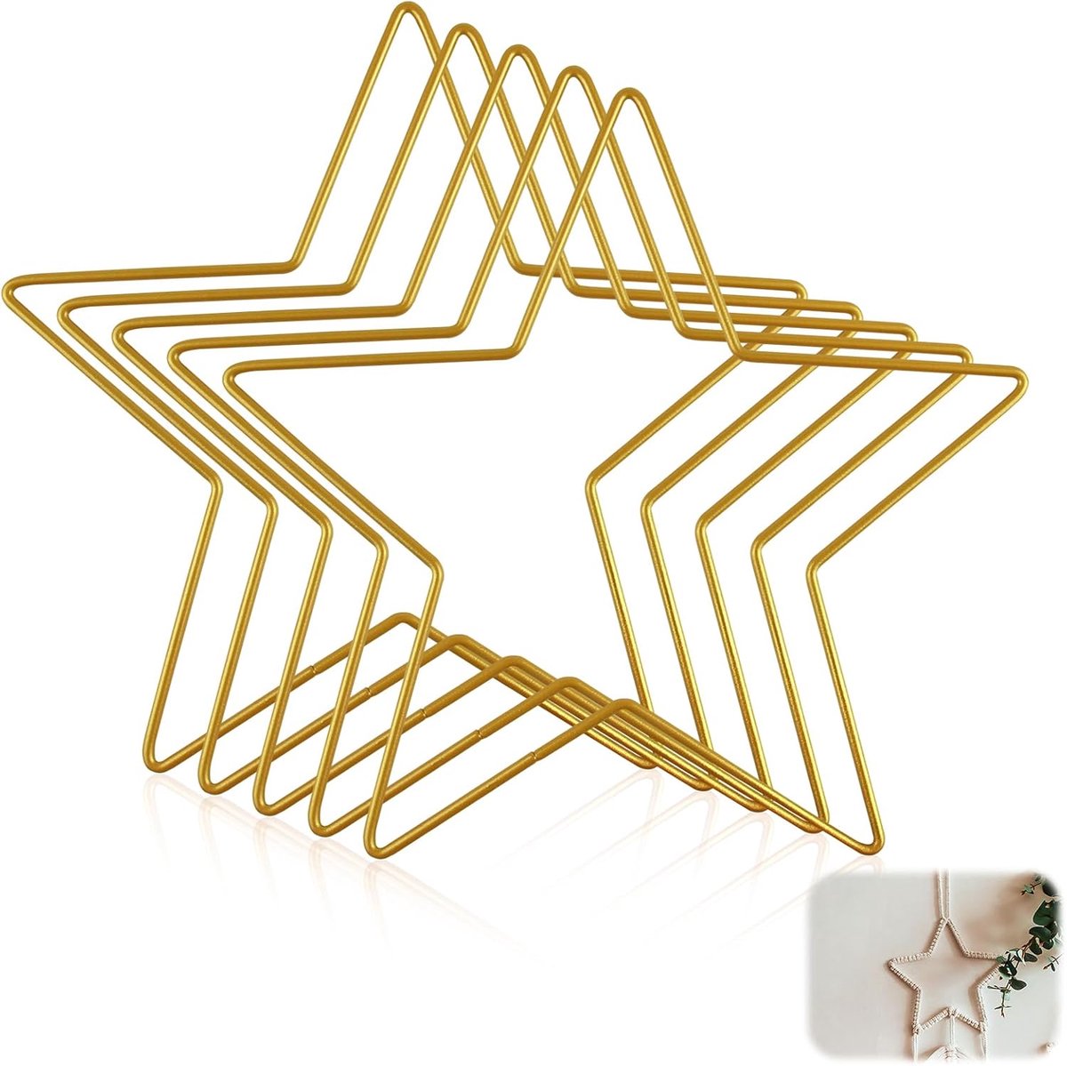 5 stuks metalen sterringen, metalen sterren, decoratieve ster, metalen sterren om op te hangen, wanddecoratie, voor feestdecoratie, knutselprojecten met eucalyptus, kwastranden en bloemen, goud, Ø 200