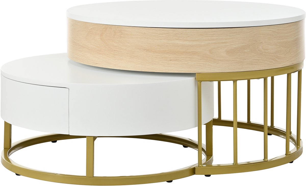 Ropilly Ronde Salontafel Set - In Hoogte Verstelbaar - MDF & Metaal - Woonkamer - Wit met Houtlook
