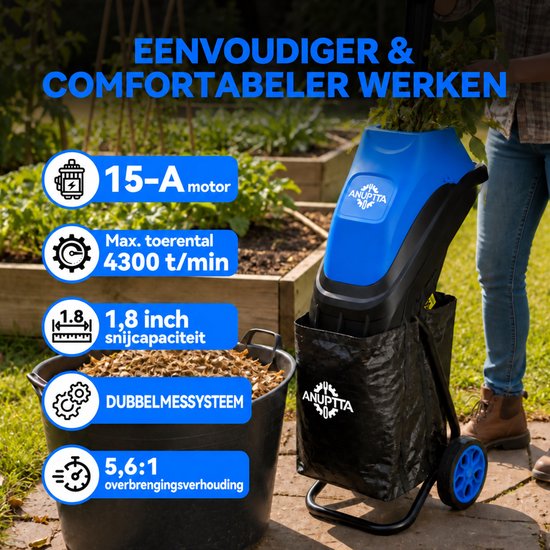 Elektrische Tuinhakselaar 15A met Opvangzak – Takkenversnipperaar voor Snoeihout en Tuinafval tot Ø45 mm – Dubbel Messysteem, Overbelastingsbeveiliging en Wiel — afbeelding 4