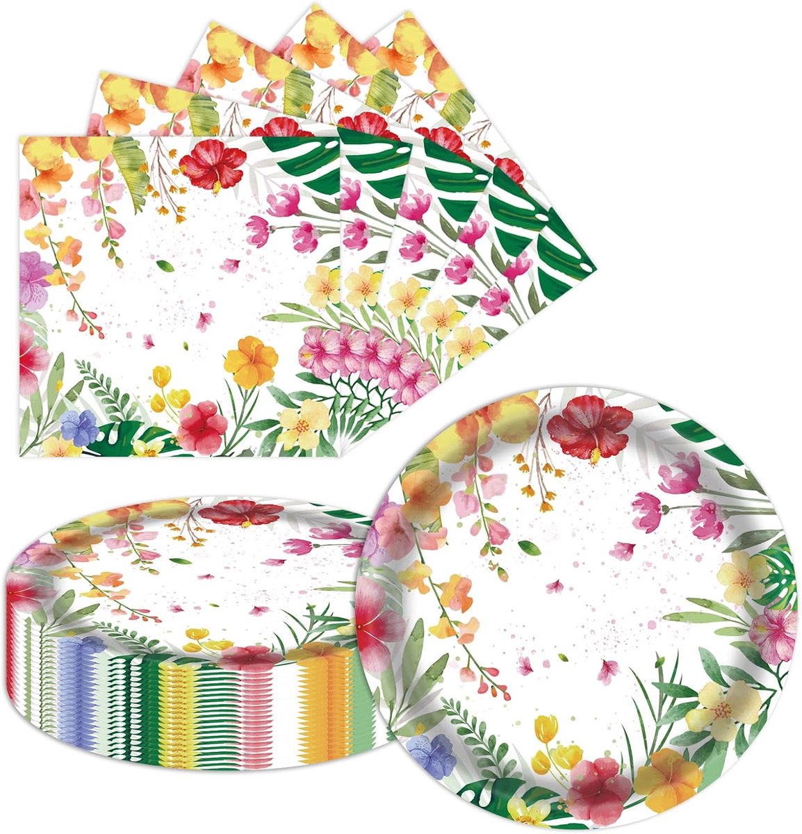 Borden met Hawaii bloemen, 17,8 cm, 20 stuks + servetten van 20 stuks, wegwerpservies, tropisch bloemenpatroon, tafeldecoratie voor zomerfeest, picknick en verjaardag