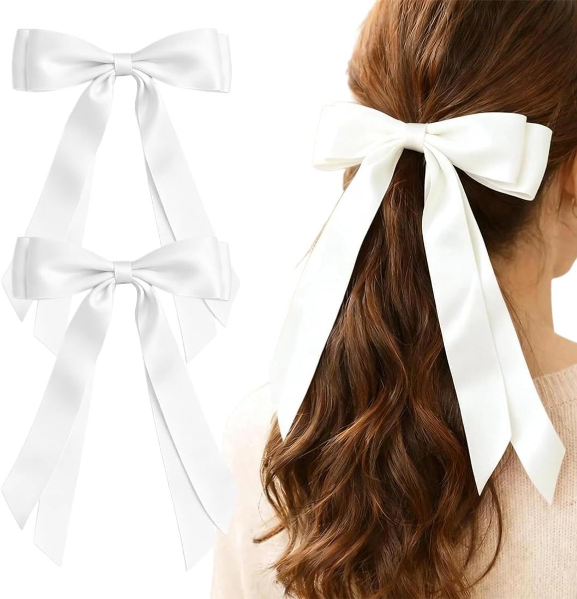 Haarspelden (schoonheid), twee haarspelden met witte satijnen strik en een lange band in Franse stijl, elegant en delicaat.