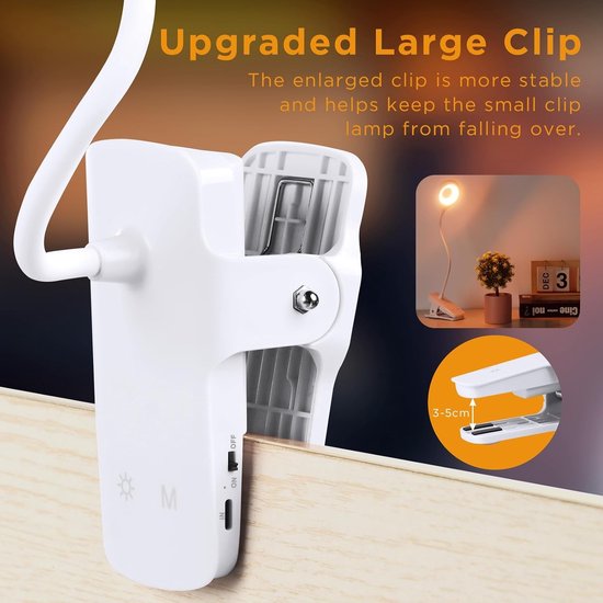 3W leeslamp met klem, type C opladen, 5 kleuren en 5 intensiteiten, touch-bureaulamp, werkt op batterijen, nachtlampje om te lezen, wit [Energieklasse A+] van Merkloos — afbeelding 3