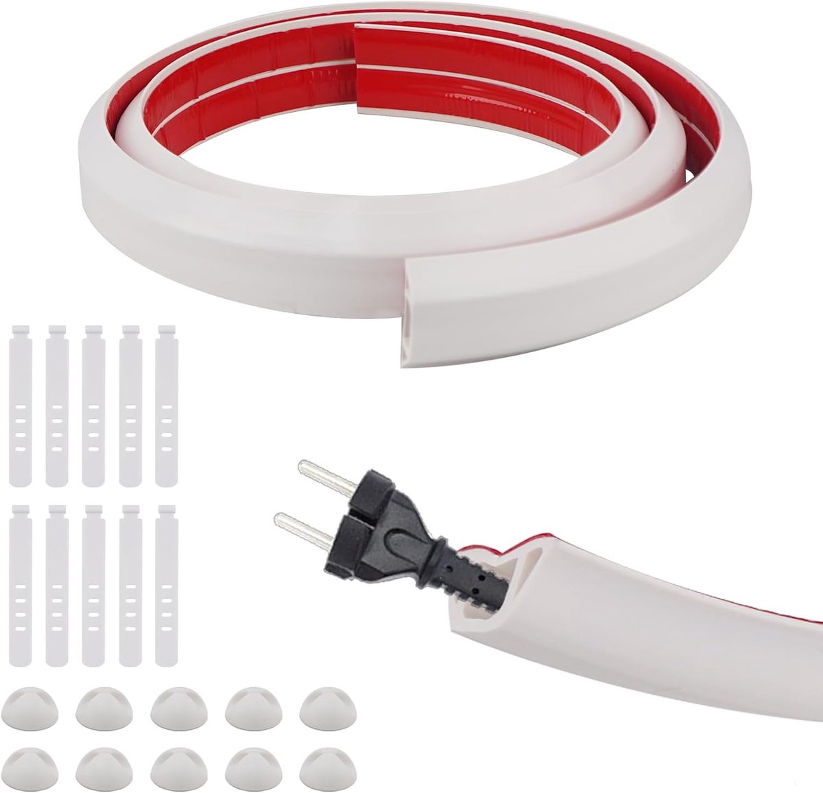 Cable Tray 2 m Black Floor Cable Protection 20mm (W) x 10mm (H), with 10 Black Cable Management Band + 10 White Table - ShopVlot