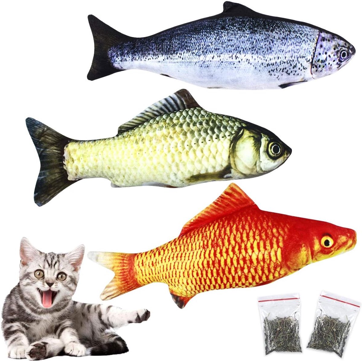 3 stuks 30 cm kattenkruid visspeelgoed voor kat en 2 verpakkingen kattenkruid, kattenspeelgoed met rits, kattenviskussen, kattenkruid speelgoed, kat kauwspeelgoed, huisdier speelgoed