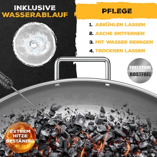 RVS Kesser vuurschaal met waterafvoer en onderhoudsinstructies, inclusief pook voor smeulende kolen.