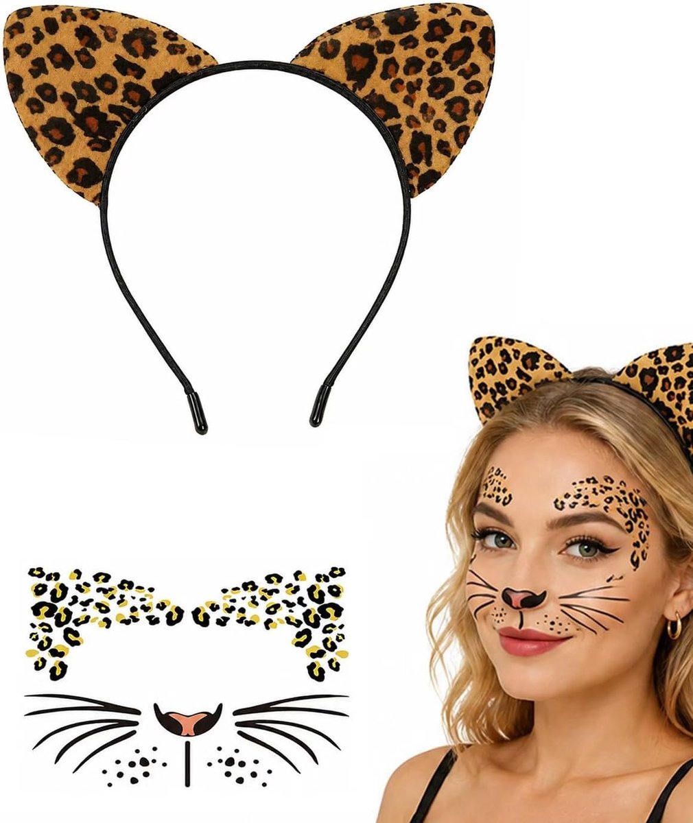 Haarband met kattenoren luipaard + gezichtsstickers, zacht elastisch en veilig voor de gevoelige huid, accessoires voor onmiddellijke kostuums, Halloween en carnaval