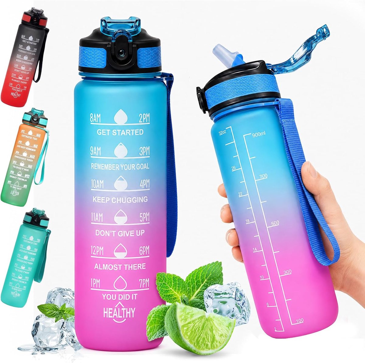1 l, met tijdmarkeringen en rietje, lekvrij, waterfles met handvat, geschikt voor sport en outdooractiviteiten (blauw-paars)