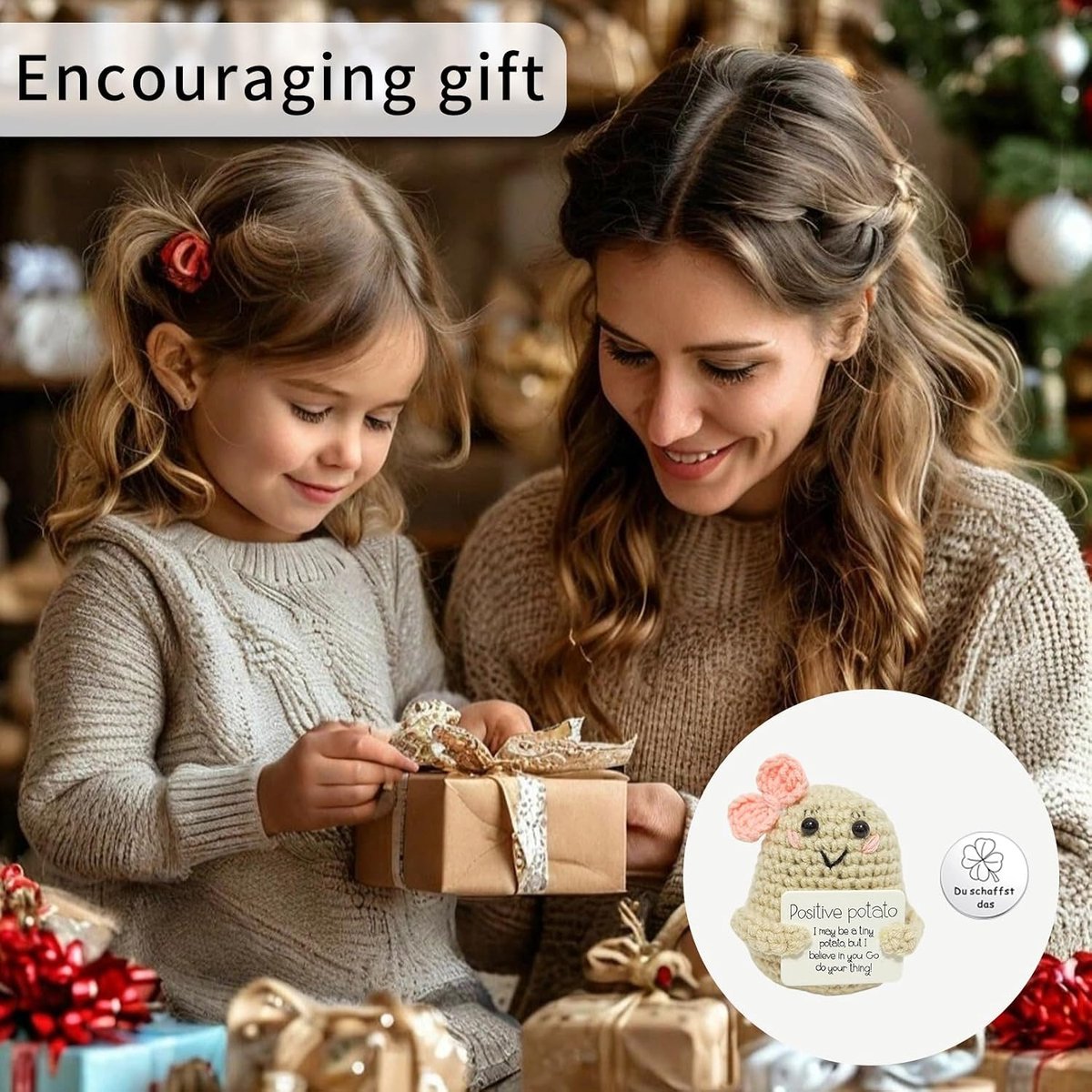 Aardappel met Pocket Hug, Positieve Aardappel Duits als creatief cadeau-idee, motiverende aardappelfiguur voor vriendin en positieve cadeaus, grappige positiviteits-gebreide pop