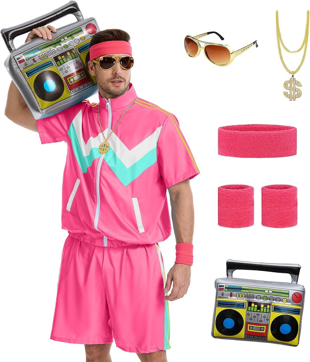 80 en 90 verkleedkleding voor heren, jaren 80 outfits - jas en shorts met korte mouwen - kostuum voor Halloween, carnaval en retrofeesten