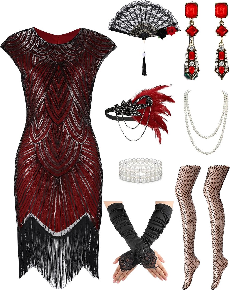 Charleston-jurk voor dames, jaren 20, met accessoires Flapper
