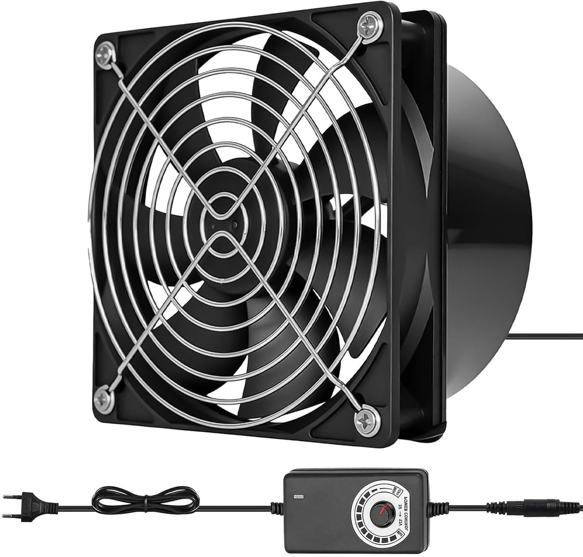 12 V inline buisventilator: 100 mm, industriële afzuigventilator van zwart metaal, ideaal voor in de keuken, met ingebouwde snelheidsregelaar, 3000 rpm, 65 CFM, DC-motor, p
