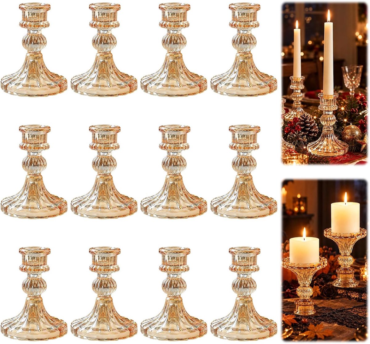 Set van 6 glazen kandelaars in barnsteen, geribbelde kandelaars voor staafkaarsen en bijpassende stompkaarsen, vintage tafeldecoratie voor woonkamer, eettafel, bruiloft en Kerstmis