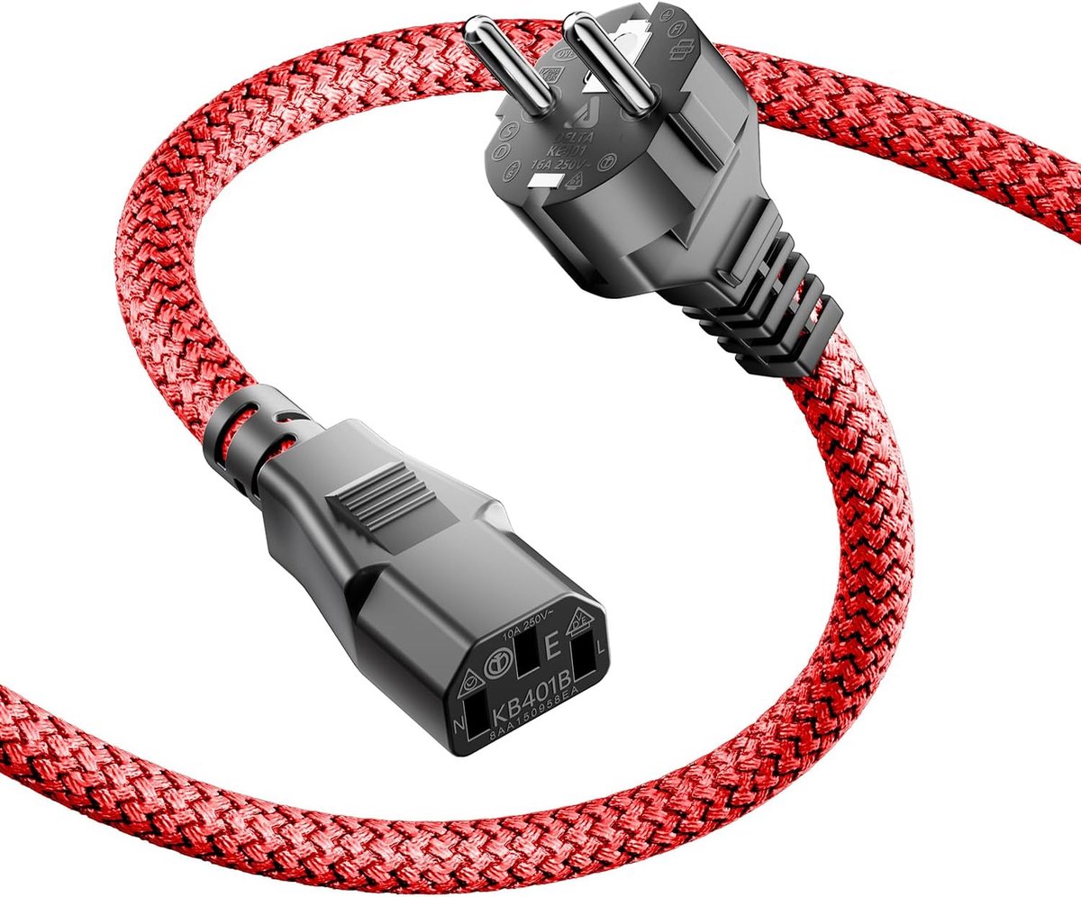 3-polig, 5 m, nylon gevlochten, universele stroomkabel (CEE 7/7 naar IEC60320 C13), koudapparaatstekker, recht met VDE-aansluiting, voor monitoren, pc, printer, PS3/PS4 PRO, scanner, tv