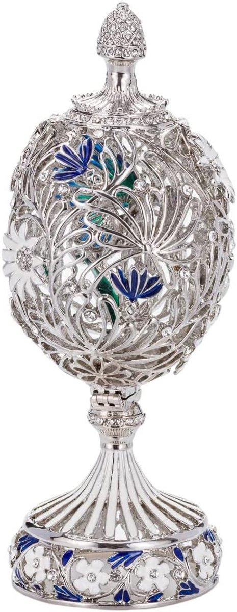 Danila-souvenirs Faberge-stijl gesneden ei met Bloemen en Vlinder 16,5 cm zilverkleur — afbeelding 3