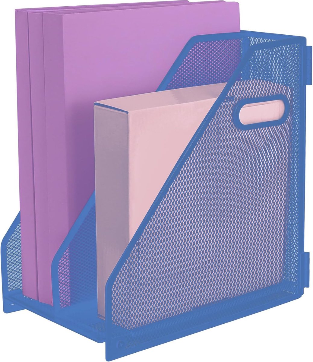 Metalen tijdschriftenhouder met 2 verticale compartimenten Rack Binder File Organizer voor kantoorbenodigdheden, thuiswerkruimte - blauw