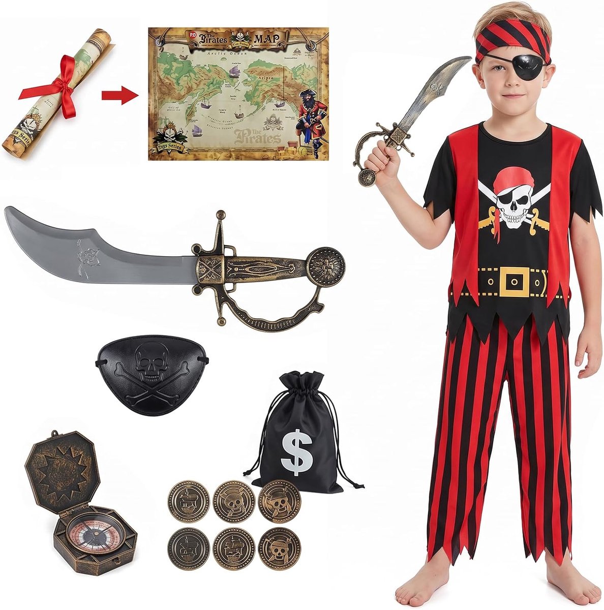Piratenkostuum voor kinderen, 7-delige set Deluxe piraten cosplay verkleedset voor kinderen -10 jaar, voor Halloween, Kerstmis, carnaval, feestjes en verjaardagen