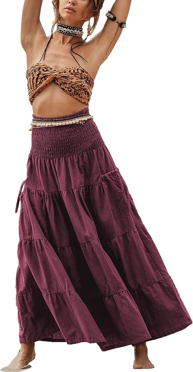 Maxi Boho Skirt Long Pockets Cotton Hippie Bohemian Elastic Waist Gypsy Skirt (Mangosteen)