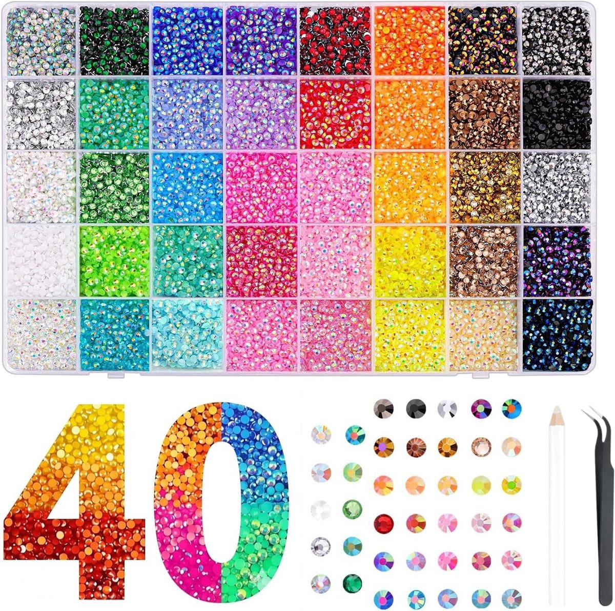 Set strass-steentjes, 32.000 stuks, 3 mm, 40 kleuren