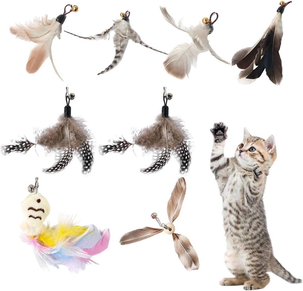 Speeltjes Veren met Belletjes, Interactieve Veren Navulling voor Kattenhengel en Speelstokjes, Vervangende Accessoires voor Kittens en Katten