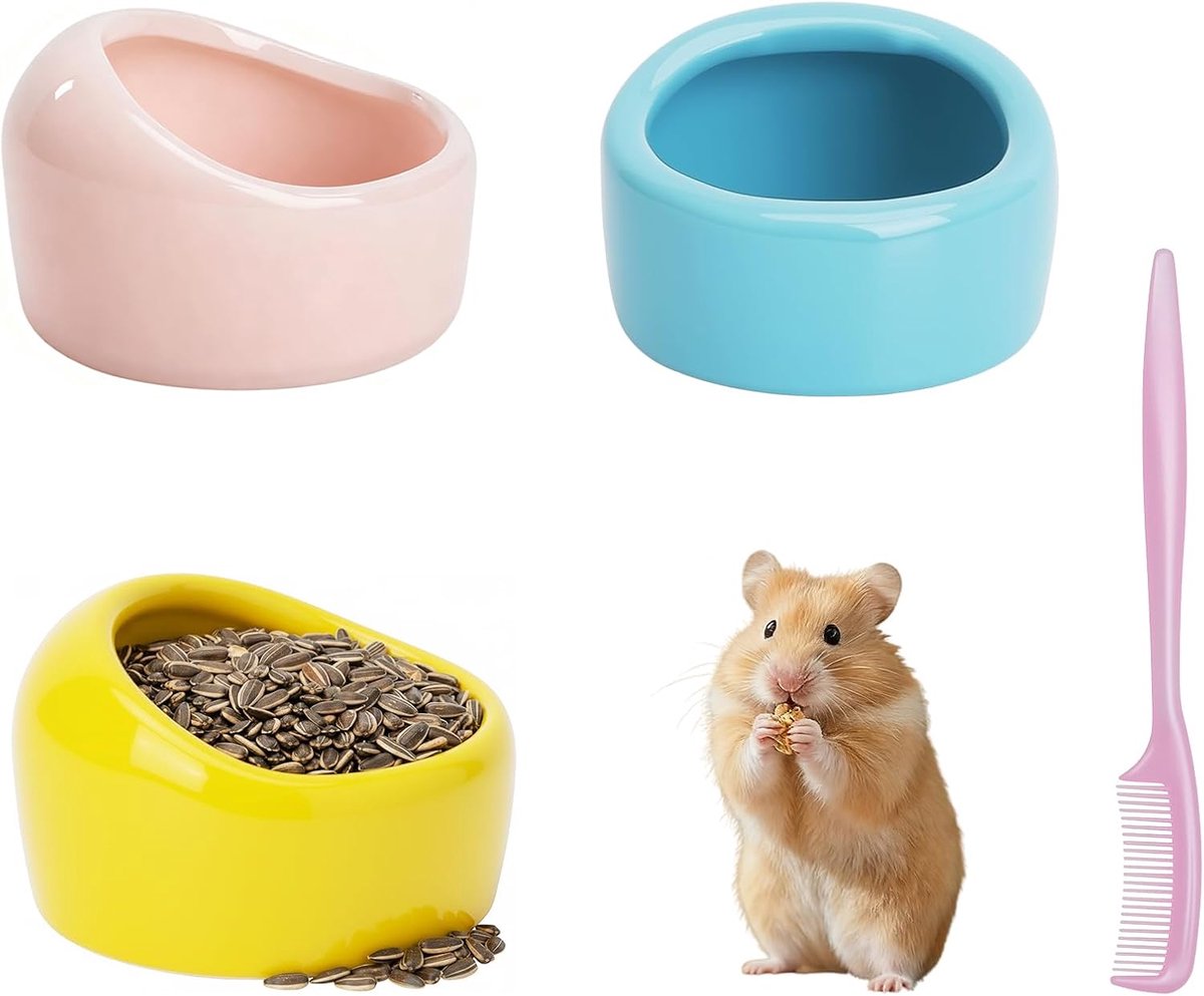 3 stuks driekleurige hamsterbakken, keramische voederschalen, schaaltjes, kleine dieren, keramische waterbak voor cavia's, gerbils, papegaaien, vogels, met reinigingsborstel