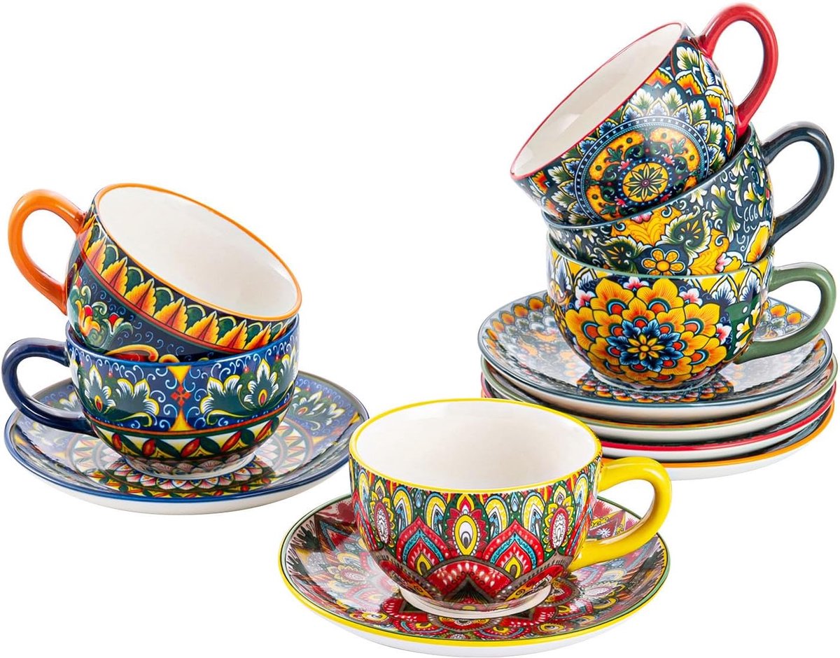 Home Koffieservies porselein, koffieset, kleurrijk, 6-delig, 250 ml, handbeschilderd, koffiekopjes set voor 6 personen, inclusief koffiekopjes, schoteltjes