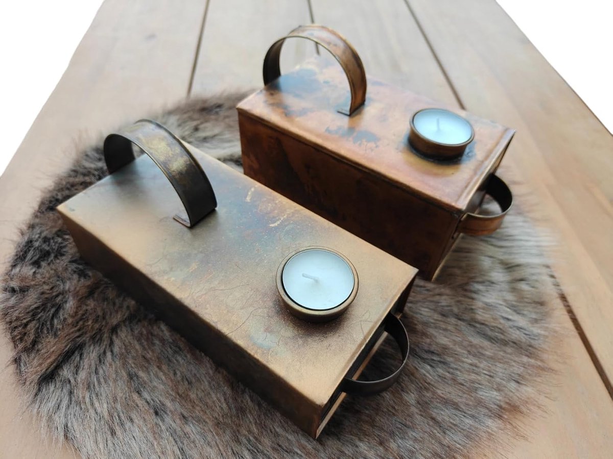 Theelichthouder Set van 2 Stuks Tingker Blauw Goud, Waxinelichthouder met Handvat en Lade, Metalen Finish