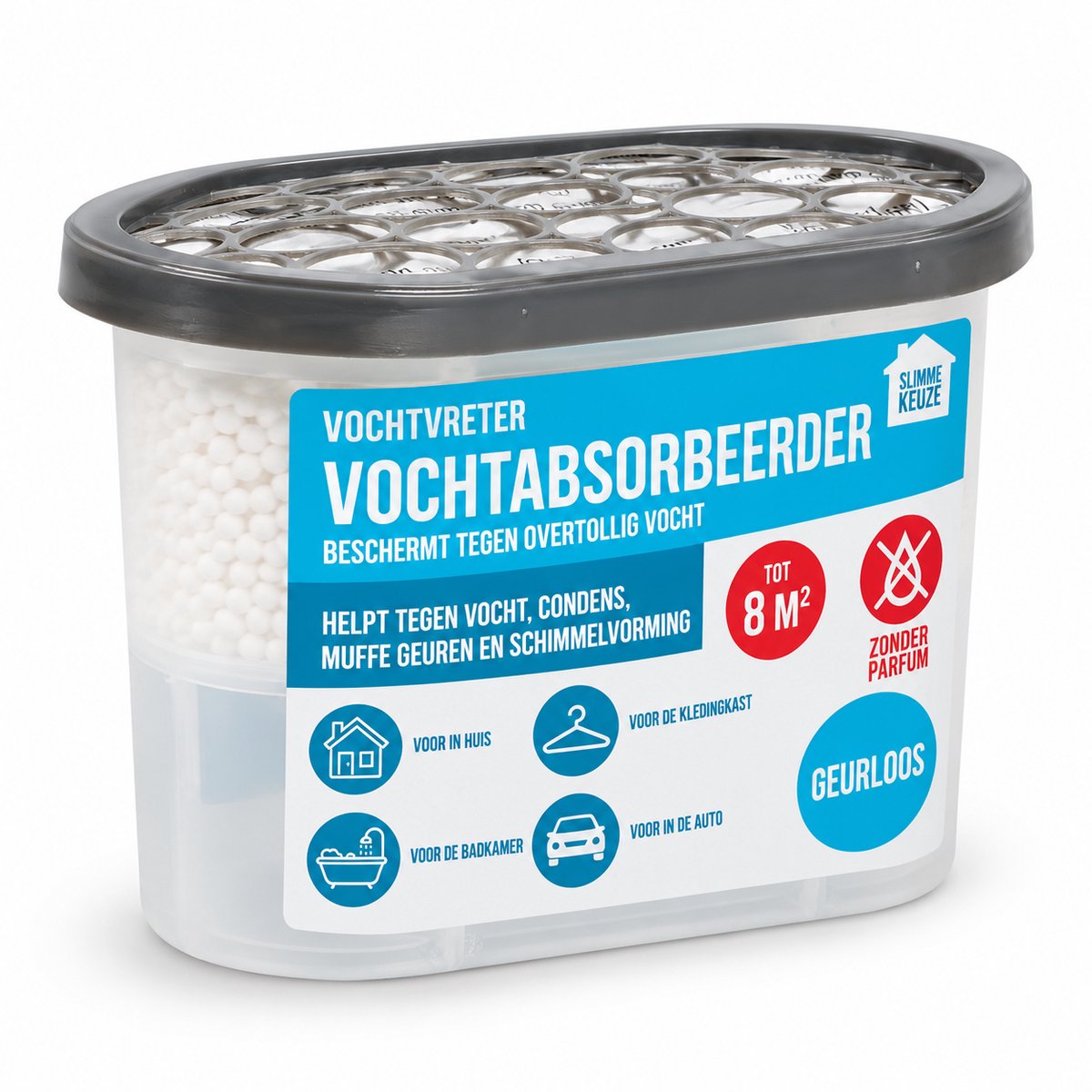 Vochtvreter Geurloos 500 ml – Vochtabsorbeerder tot 8 m² – Tegen Vocht, Condens & Muffe Geuren – Voor Badkamer, Kast, Auto & Woning – Grijs