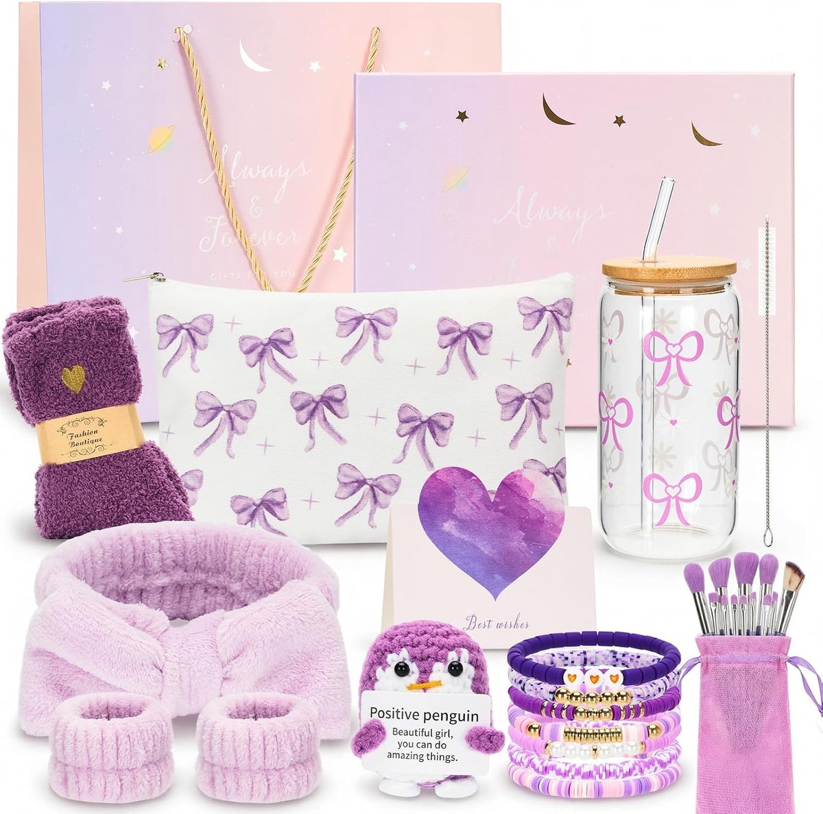 Cadeaus voor meisjes tieners 9 10 11 12 13 14 15 16 jaar, kerstverjaardagscadeau set vrouwen - drinkglas met rietjesdeksel, make-upkwast, cosmeticatas, armband, sokken, haarband (Paars)