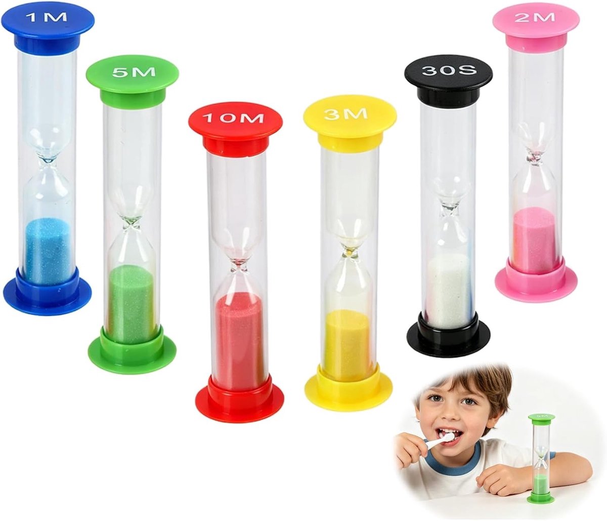 Timer zandklok, keuken en oefening, 6 stuks, inclusief 30 seconden, 1 minuut, 2 minuten, 3 minuten, 5 minuten en 10 minuten, voor tijdbeheer