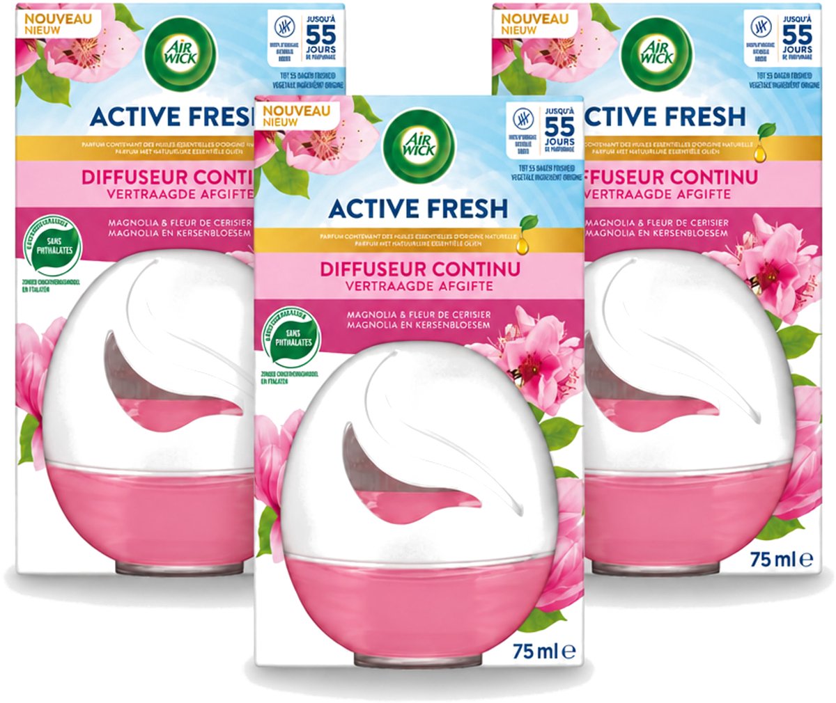 3 x Air Wick – Luchtverfrisser – Deco Sphere Magnolia & Kersenbloesem – 75 ml - Voordeelverpakking - 3 stuks
