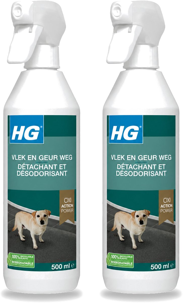 2 x HG - Vlek & Geur Weg Spray - Hond - Oxi Action Power - Hardnekkige Werking - 500 ml - Voordeelverpakking - 2 stuks