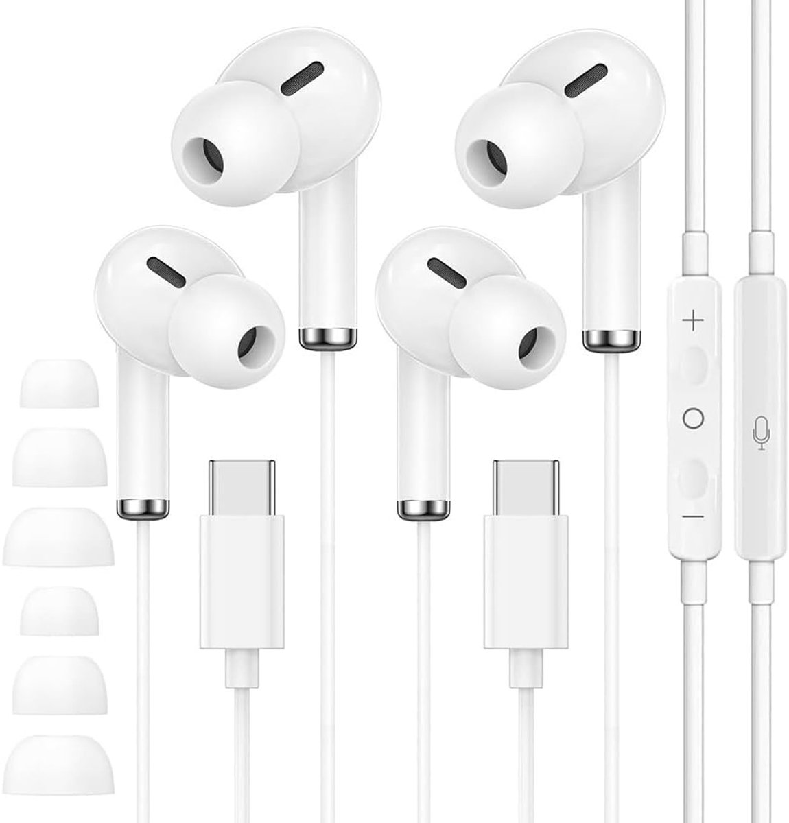 2 stuks USB C hoofdtelefoon met kabel voor iPhone 17, 16, 15 Pro Max, type C hoofdtelefoon met microfoon en - ShopVlot