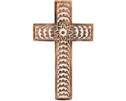 EDHAS Mango Wood White Cross Carved Floral Design Family Cross Decor, Home Decor (10"x6" x 0.5") - ShopVlot