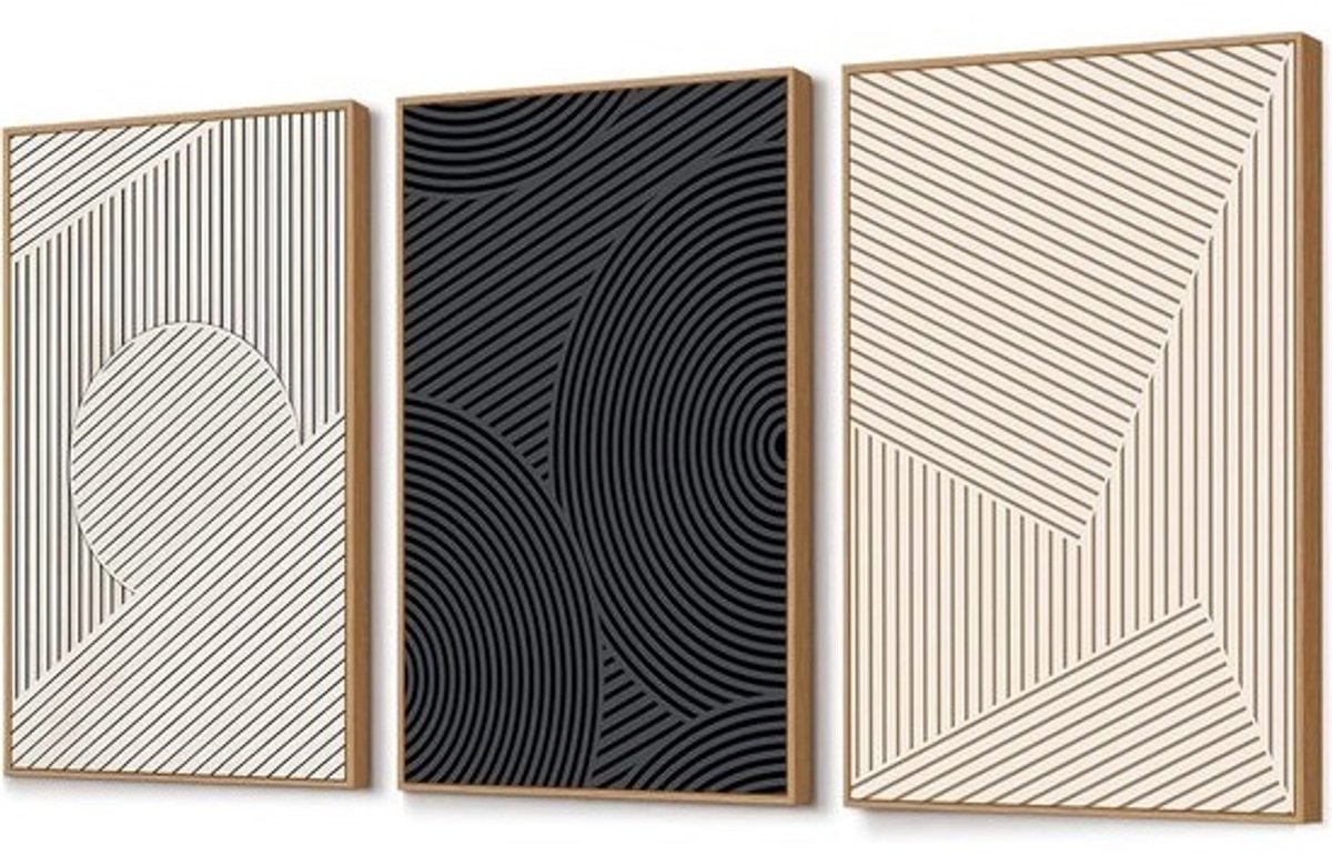 Canvas muurkunstset - Abstracte wanddecoratie - Voor het aankleden van de woonkamer - Geometrische abstractie - 40 x 60 cm - Beige, zwart