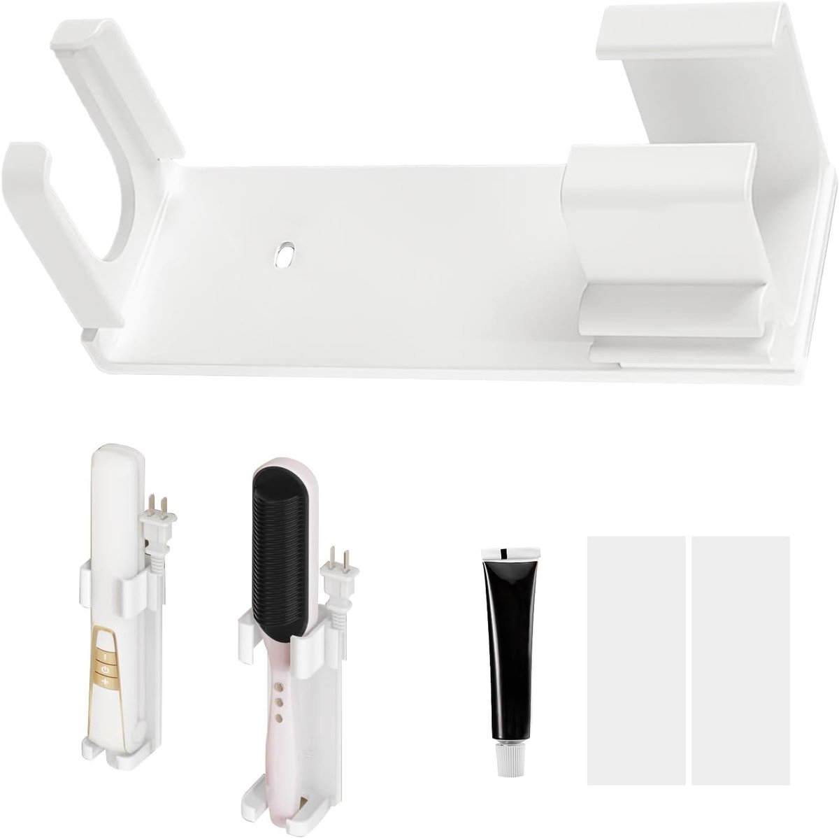Wandhouder van aluminium voor stijltangen, organizer met kabelopslag en zelfklevend, voor badkamer, toilet, hotelkamers, wit (12,5 x 4,5 x 4,4 cm)