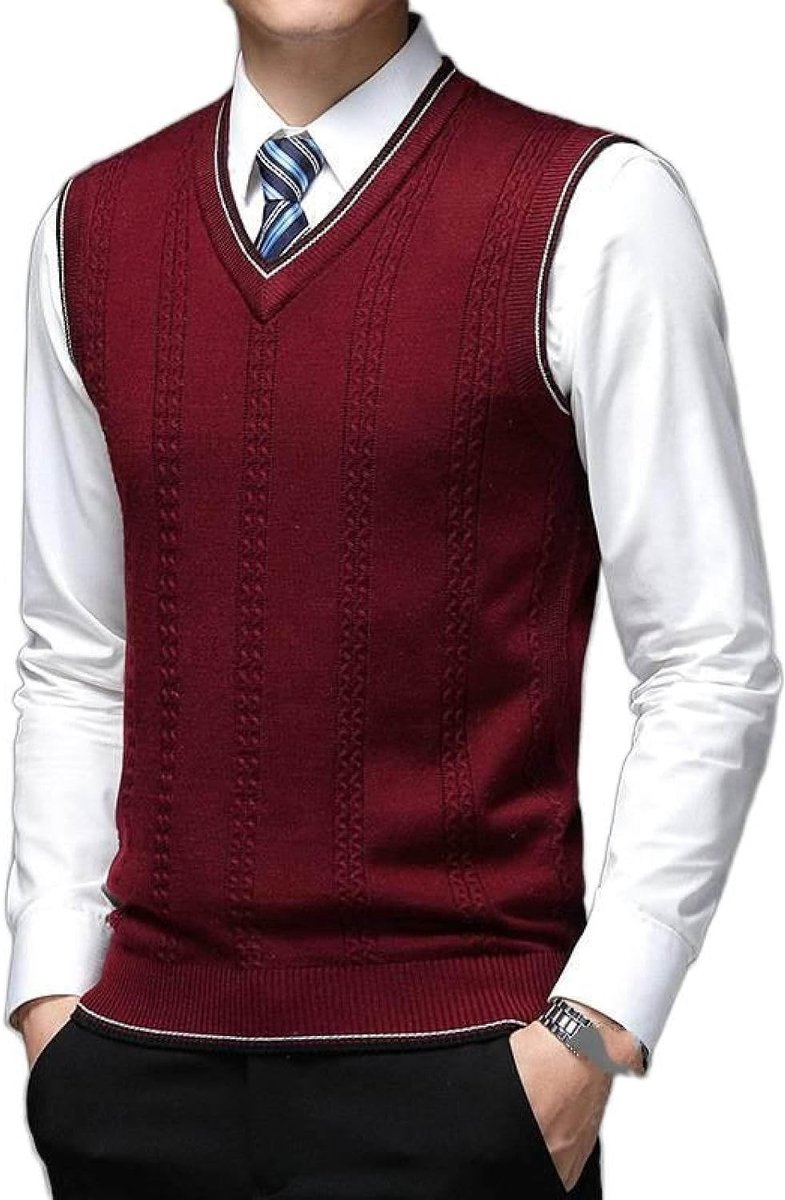 Vest Met V-Hals, Gebreid Vest Met V-Hals, Klassiek Gedraaid Mouwloos Casual Pullover Trui Vest Kleurcontrast Dieptepunt Shirt, Zakelijk Heren Breigoed Gebreid Vest Trui Tanktops, Wijnr