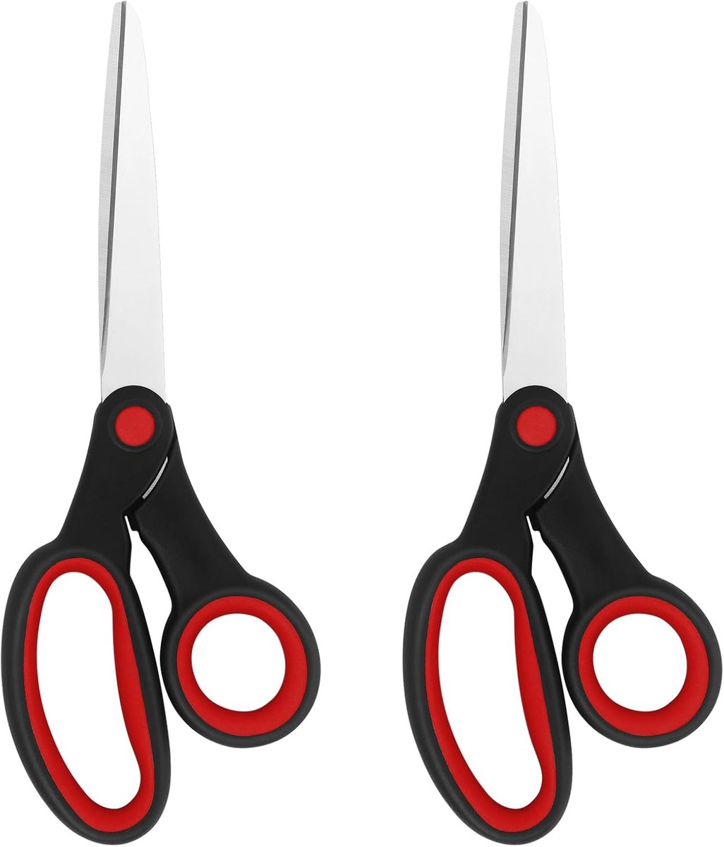 Schaar, 2 stuks 20 cm roestvrijstalen schaarset met zachte grip voor thuis, school, kantoor, naaistoffen, rood