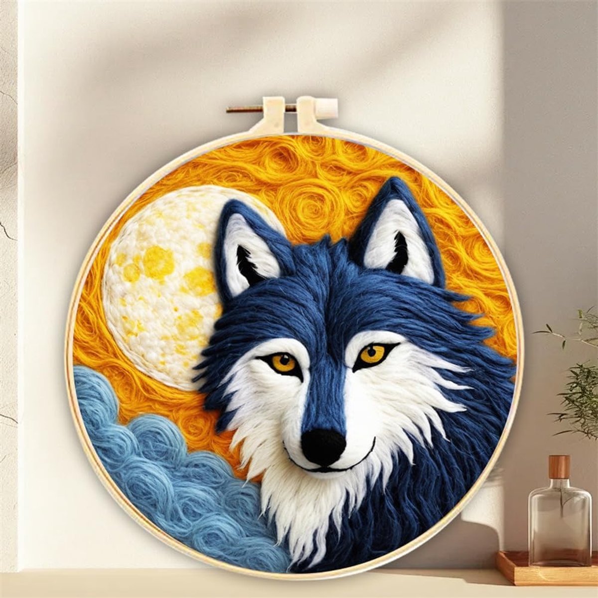 Naaldviltenset voor beginners, wolf dier maan inclusief wolvilt benodigdheden, borduurringen, mooie wol schilderen en naaldvilten gereedschappen (wolf)