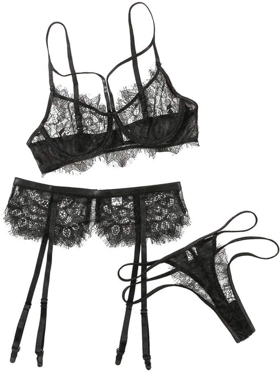 Kleding Vrouwen Sexy Lingerie Mesh Perspectief Sexy Ondergoed Kostuums Beha Kousenband String set-Negro_L