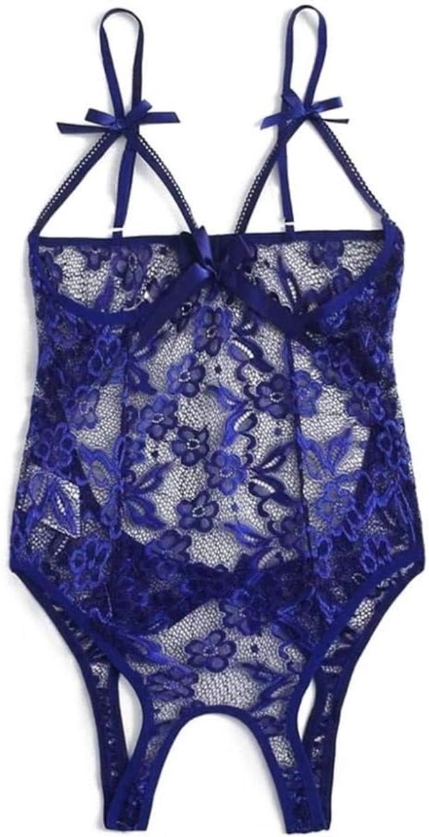 Dameskleding sexy dameslingerie open kruisloze beha backless transparante kanten jurken set-blue_S