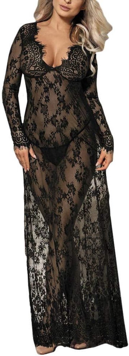 Sexy dames erotische lingerie Sexy Dames Ondergoed Lingerie Nachtkleding Kant Lange Rok String Verleiding Nachtkleding Erotische Dames Porno-Black_XXL