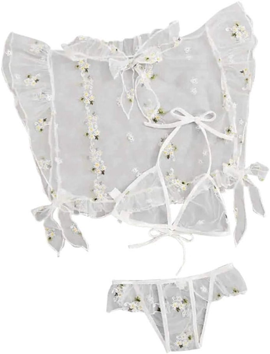 Dames Sexy Vrouwen Bh Lingerie Set Borduurwerk Kant Strapless Strik Bh String Set Ondergoed Nachtkleding Lingerie Sets-White_S
